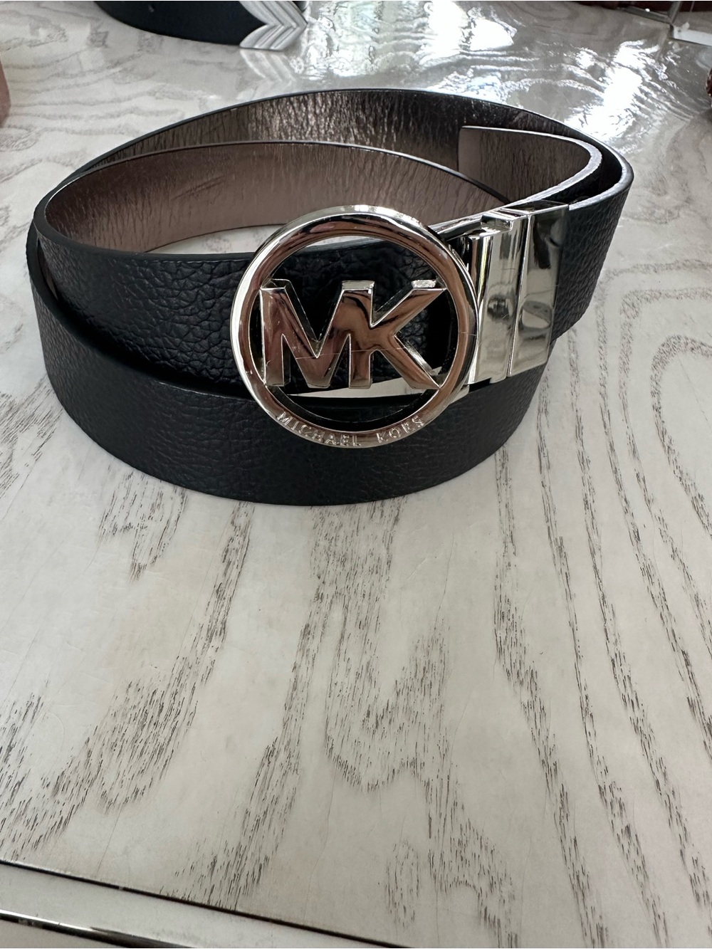 Michael Kors Reversible Black Leather Belt with Silver MK Circle Buckle